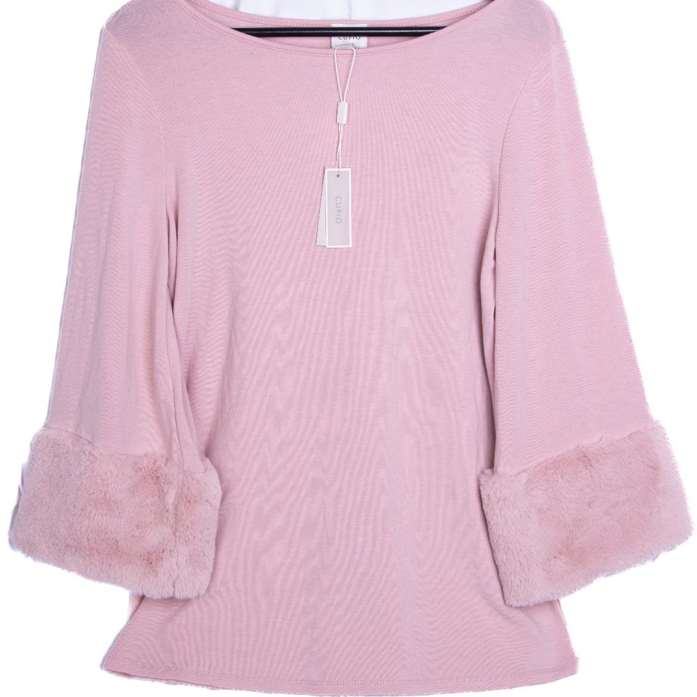 Cupio Pearl Pink 3/4 Sleeve Long Sleeve Faux Fur Cuff Blouse Top Women's M NWT